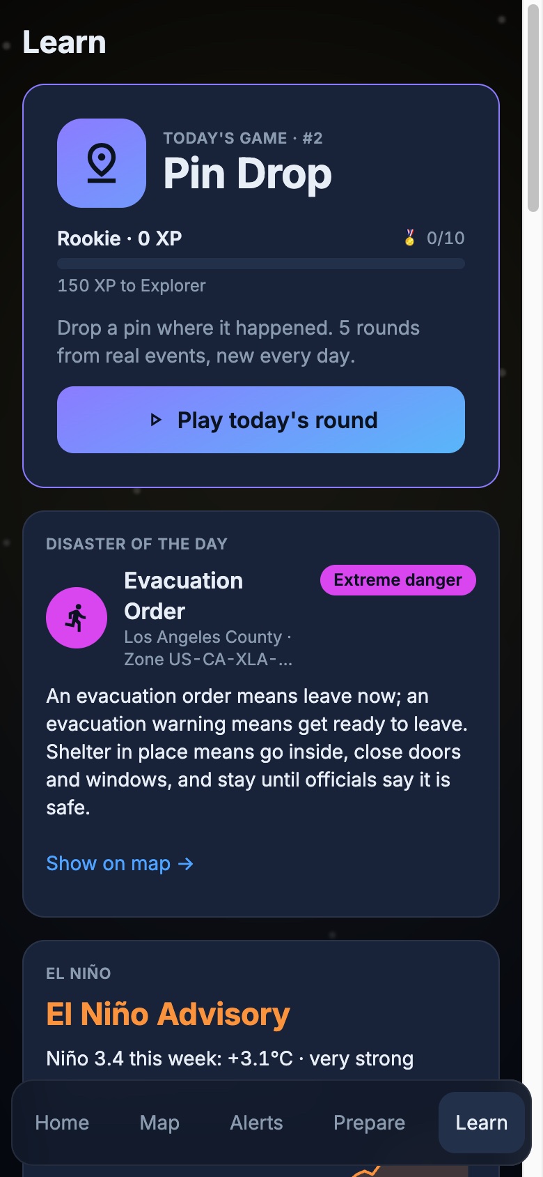 Learn screen: the Pin Drop game card in a violet-to-cyan gradient, disaster of the day and El Niño