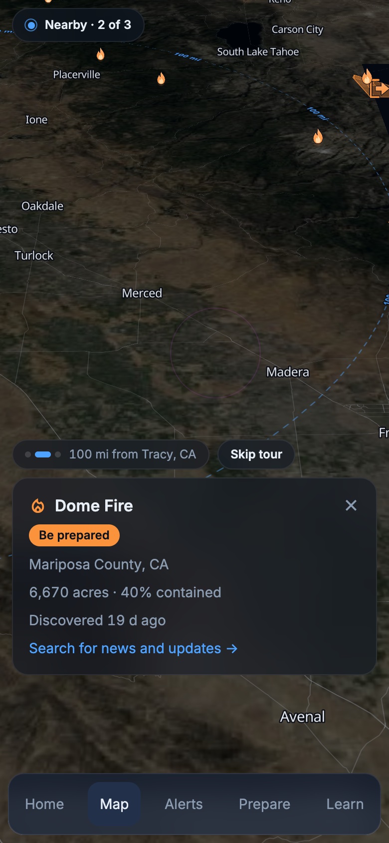Map screen: a 3D globe with wildfires, earthquakes and warnings